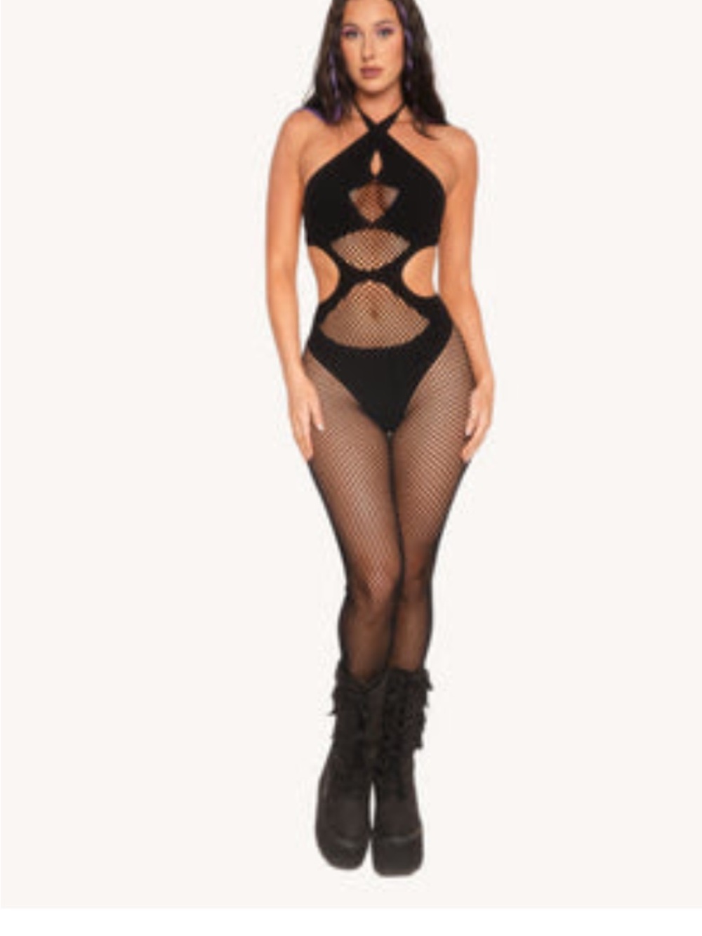 iHeartRaves Black Fishnet Cutout Halter Jumpsuit